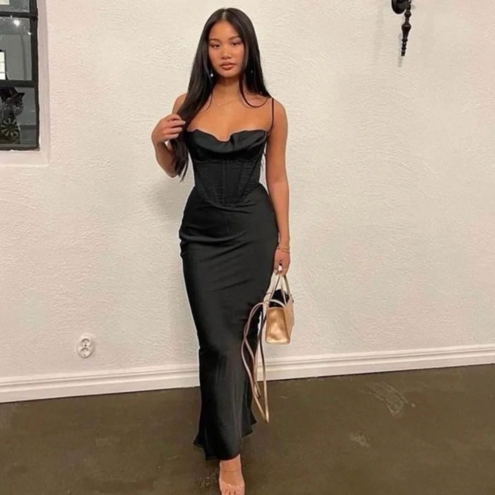 House of Cb Charmaine corset satin ankle dress in black